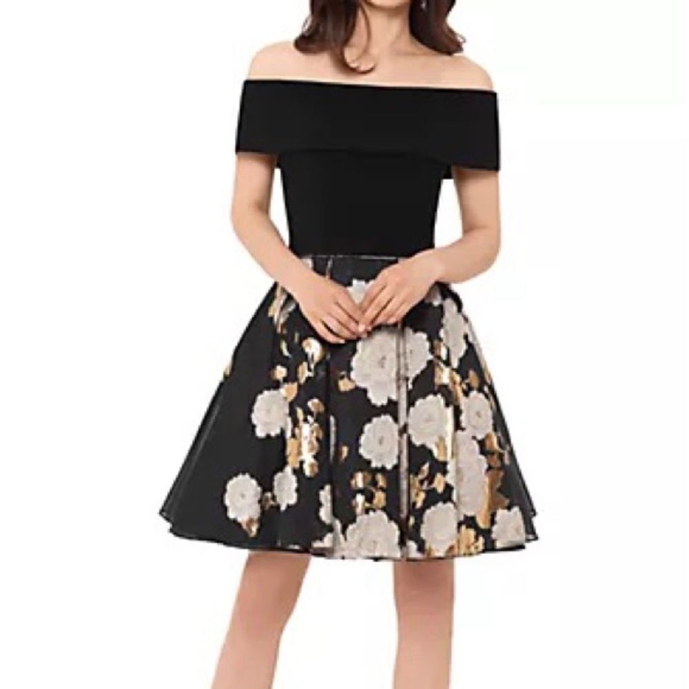 Betsy & Adam Mini Dress Off Shoulder Metallic Floral Pockets Black Gold 12 Nwt